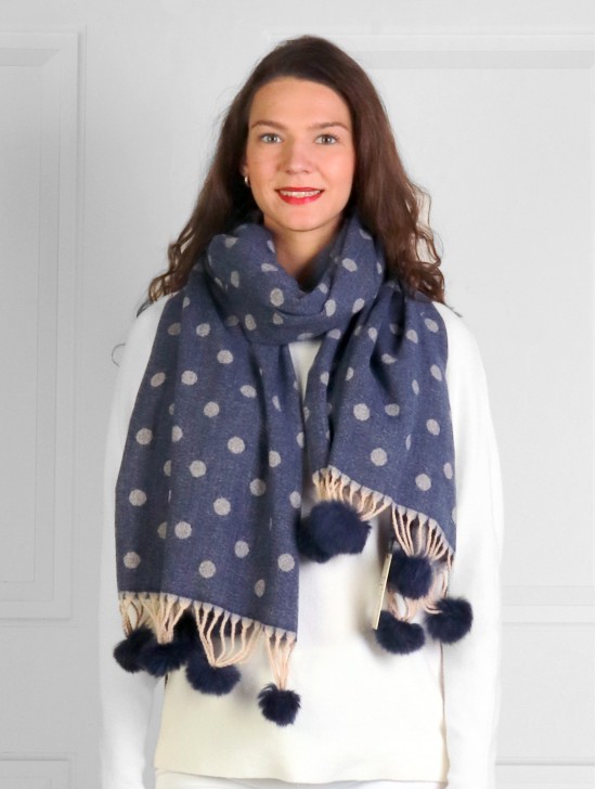 Cashmere Feeling Polka-dot Scarf with Pom Pom 